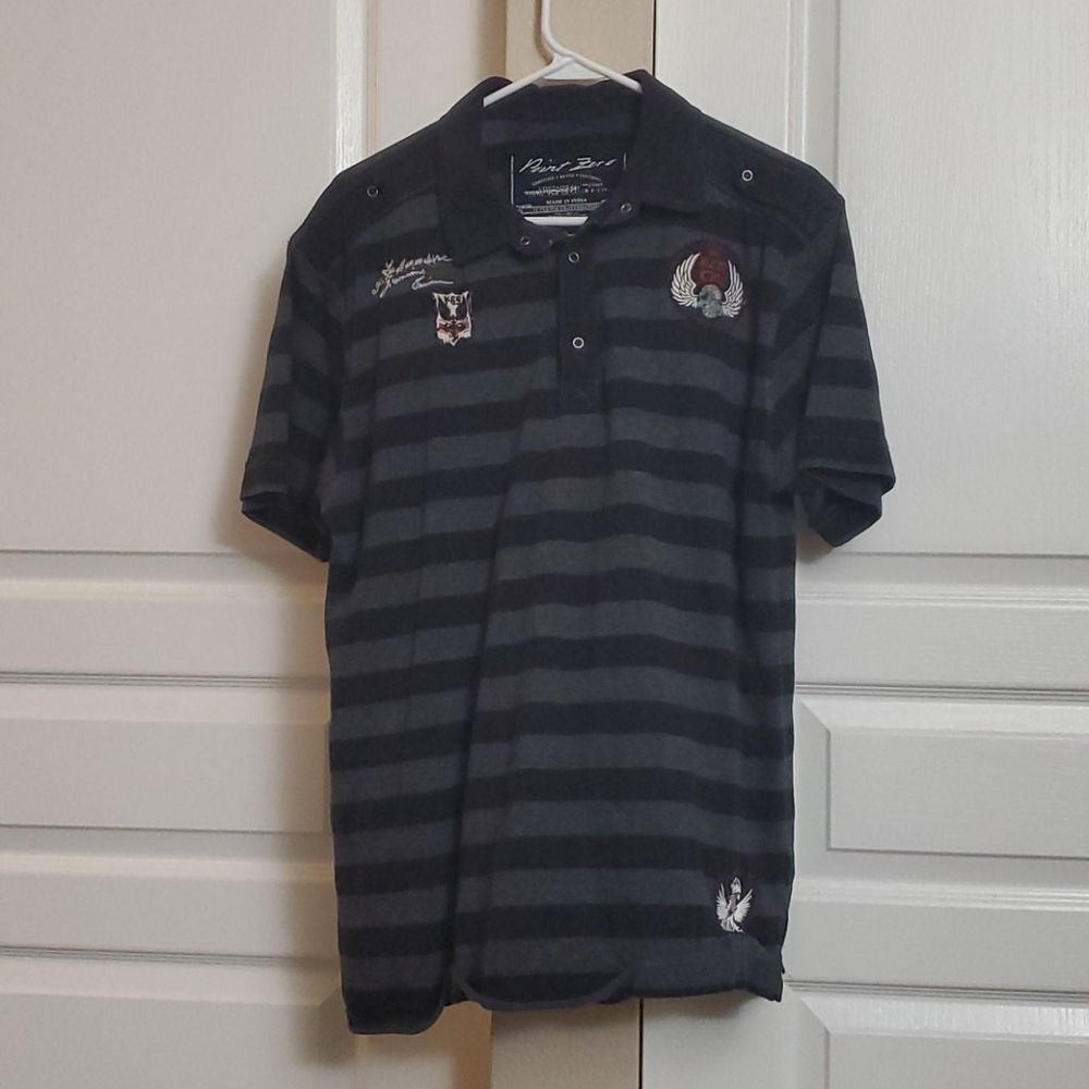 Black and gray striped polo shirt